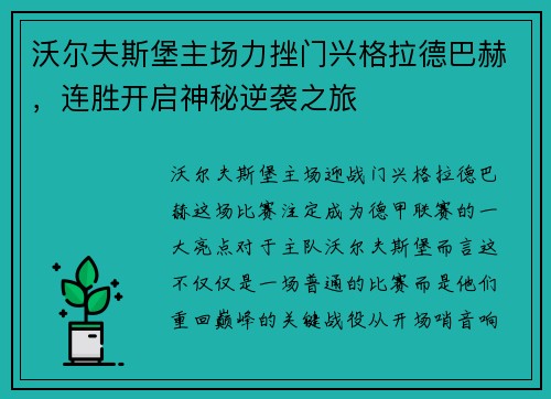 沃尔夫斯堡主场力挫门兴格拉德巴赫，连胜开启神秘逆袭之旅