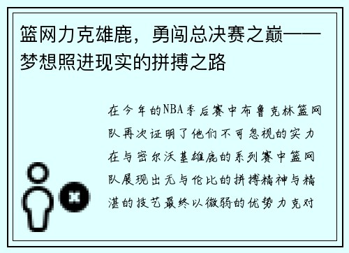 篮网力克雄鹿，勇闯总决赛之巅——梦想照进现实的拼搏之路