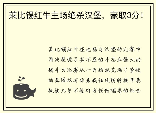 莱比锡红牛主场绝杀汉堡，豪取3分！
